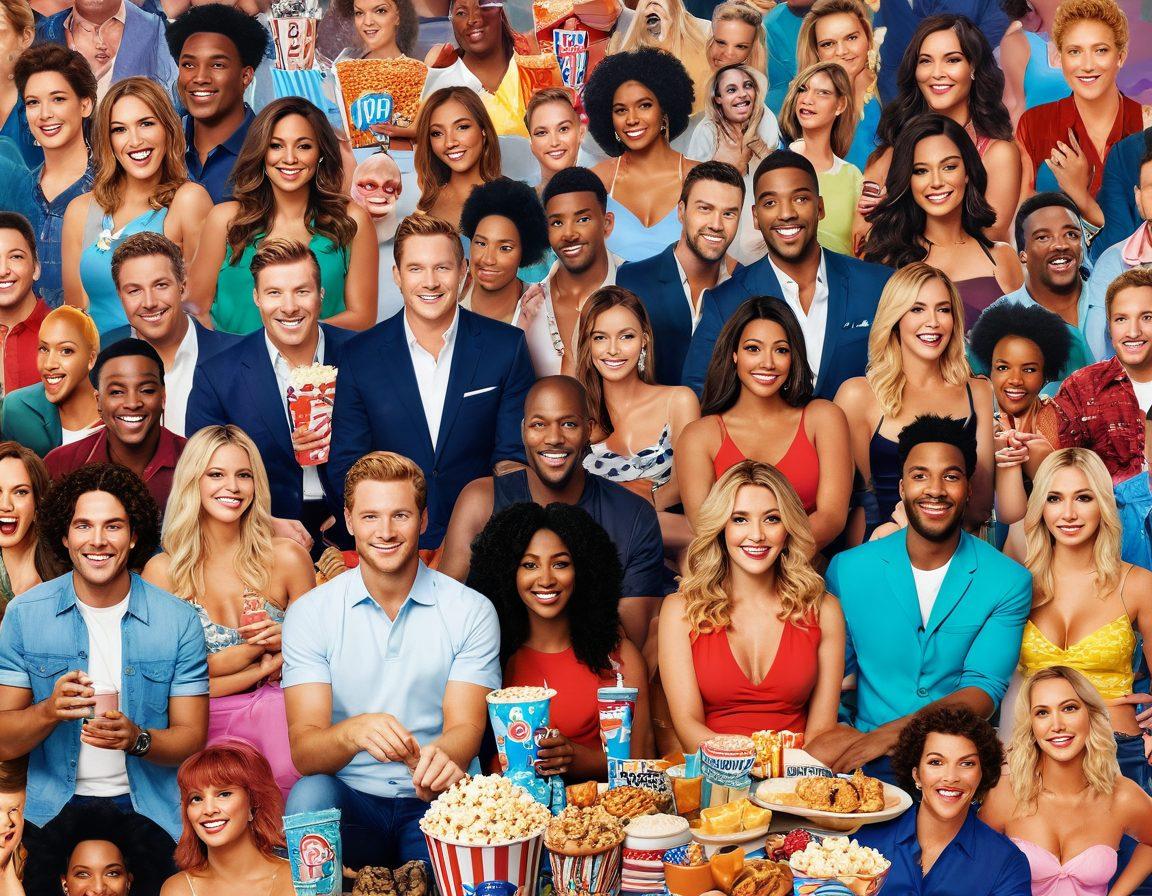 A vibrant collage featuring iconic scenes from reality TV shows and popular comedies aired on ITV2, with diverse characters laughing and interacting. Include elements like a television set, popcorn, and fun party decorations in the background. Ensure the styles are colorful and dynamic, capturing the essence of entertainment. super-realistic. vibrant colors. 3D.