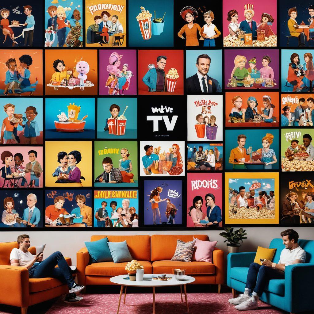 A captivating collage of iconic ITV2 show moments, featuring memorable characters and dramatic scenes. Incorporate a colorful TV screen showcasing various binge-worthy series, surrounded by popcorn and a cozy couch setting. The image should evoke a sense of excitement and anticipation, inviting viewers to join in on the ultimate viewing experience. The background should hint at a vibrant cinema atmosphere with film reels and glowing lights. bright colors. dynamic composition. digital art.